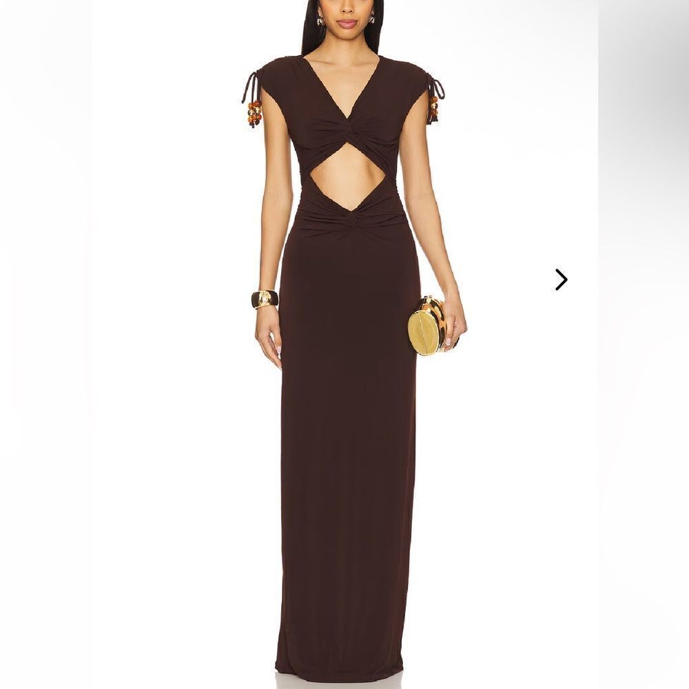 Lovers + Friends Mia gown Chocolate Brown Cut Out Maxi Dress beads Revolve S
